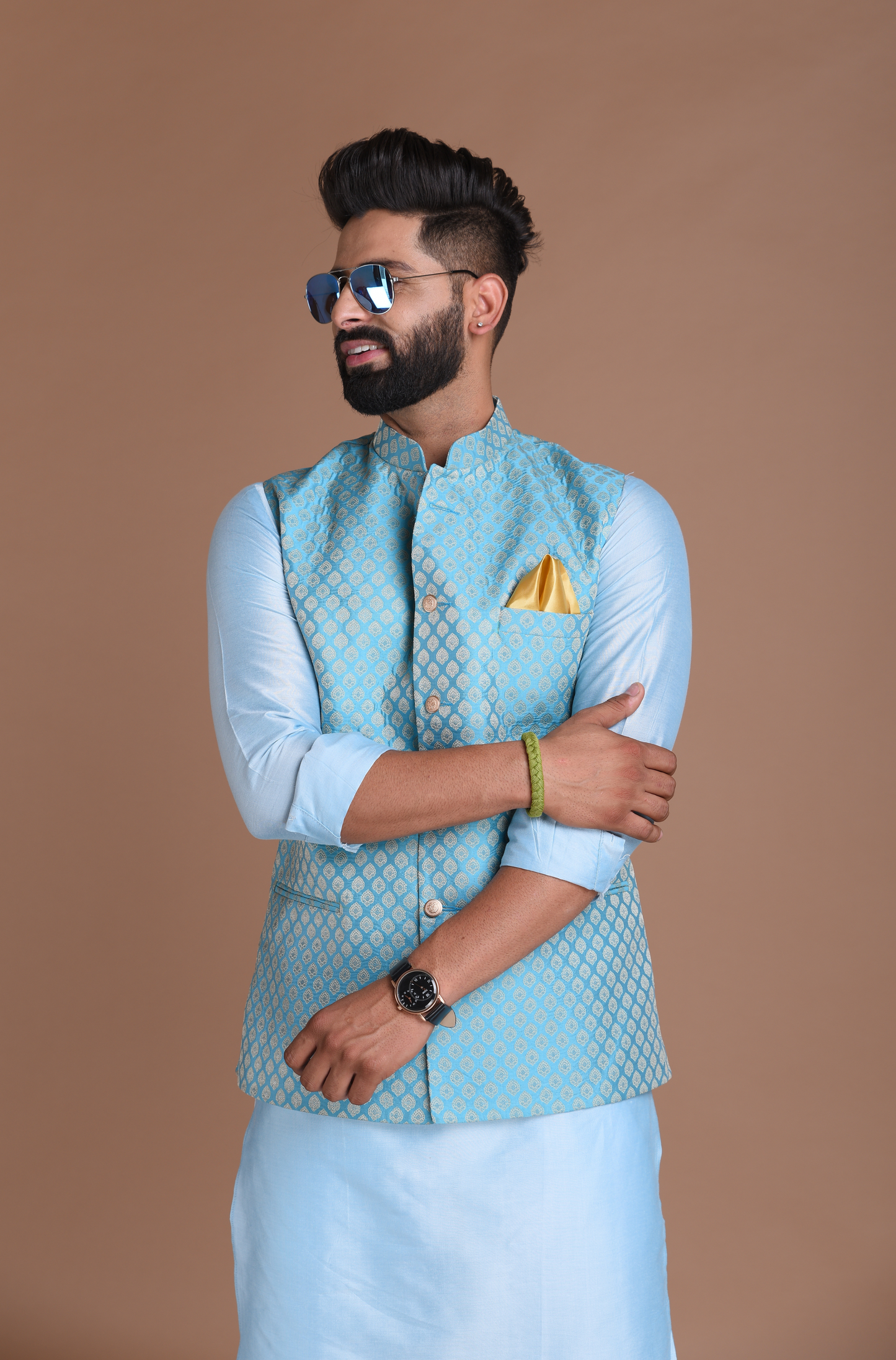 Booti Pattern Cyan Color Designer Half Nehru Jacket With Kurta Pajama