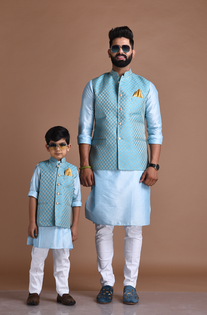 Booti Pattern Cyan Color Designer Half Nehru Jacket With Kurta Pajama