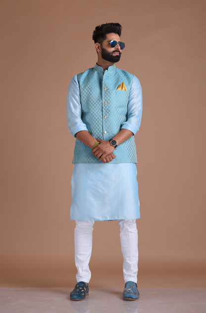 Booti Pattern Cyan Color Designer Half Nehru Jacket With Kurta Pajama
