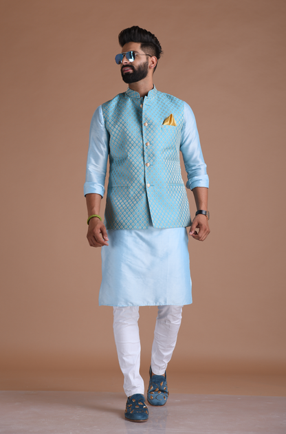 Booti Pattern Cyan Color Designer Half Nehru Jacket With Kurta Pajama