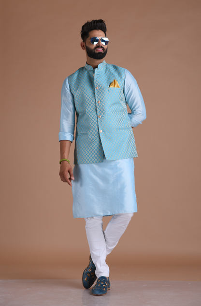 Booti Pattern Cyan Color Designer Half Nehru Jacket With Kurta Pajama