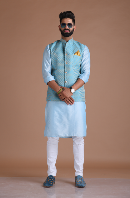 Booti Pattern Cyan Color Designer Half Nehru Jacket With Kurta Pajama