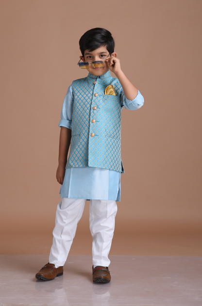 Booti Pattern Cyan Color Designer Half Nehru Jacket With Kurta Pajama