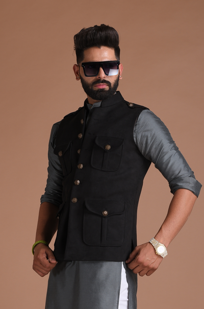 Black Suede Leather Semi Hunting Jacket