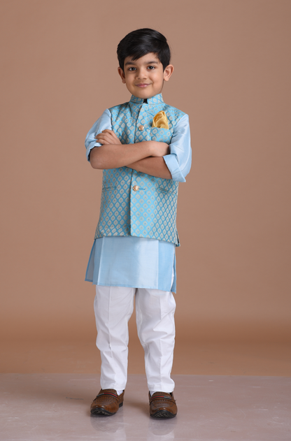 Booti Pattern Cyan Color Designer Half Nehru Jacket With Kurta Pajama