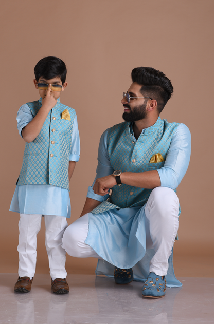 Booti Pattern Cyan Color Designer Half Nehru Jacket With Kurta Pajama