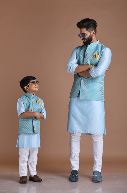 Booti Pattern Cyan Color Designer Half Nehru Jacket With Kurta Pajama