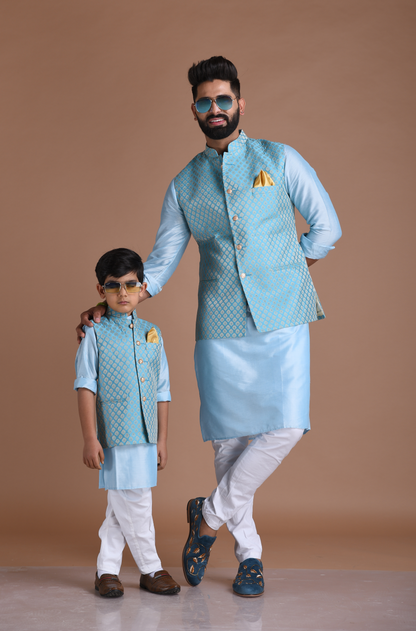 Booti Pattern Cyan Color Designer Half Nehru Jacket With Kurta Pajama