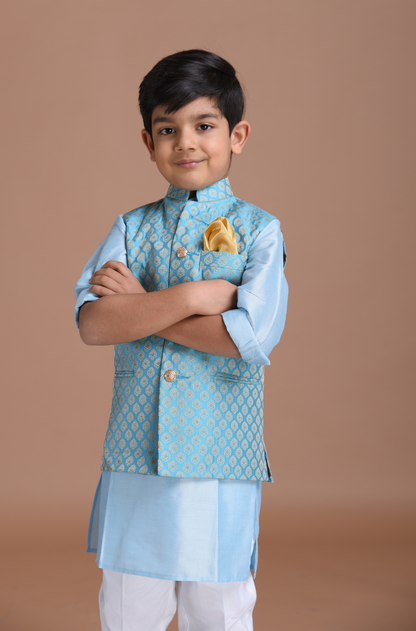 Booti Pattern Cyan Color Designer Half Nehru Jacket With Kurta Pajama