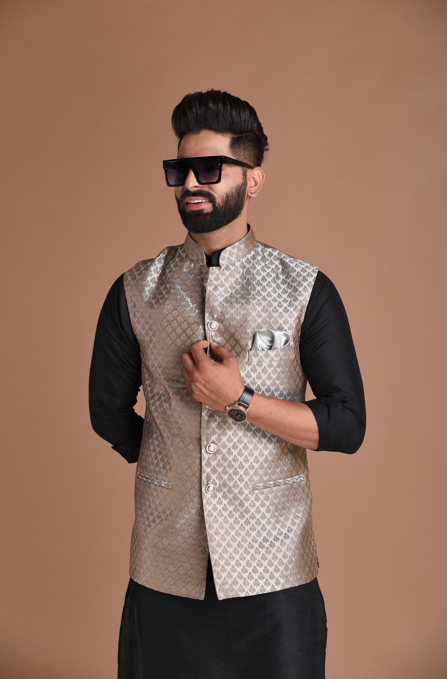 Booti Pattern Brocade Silk Half Jodhpuri Jacket With Kurta Pajama