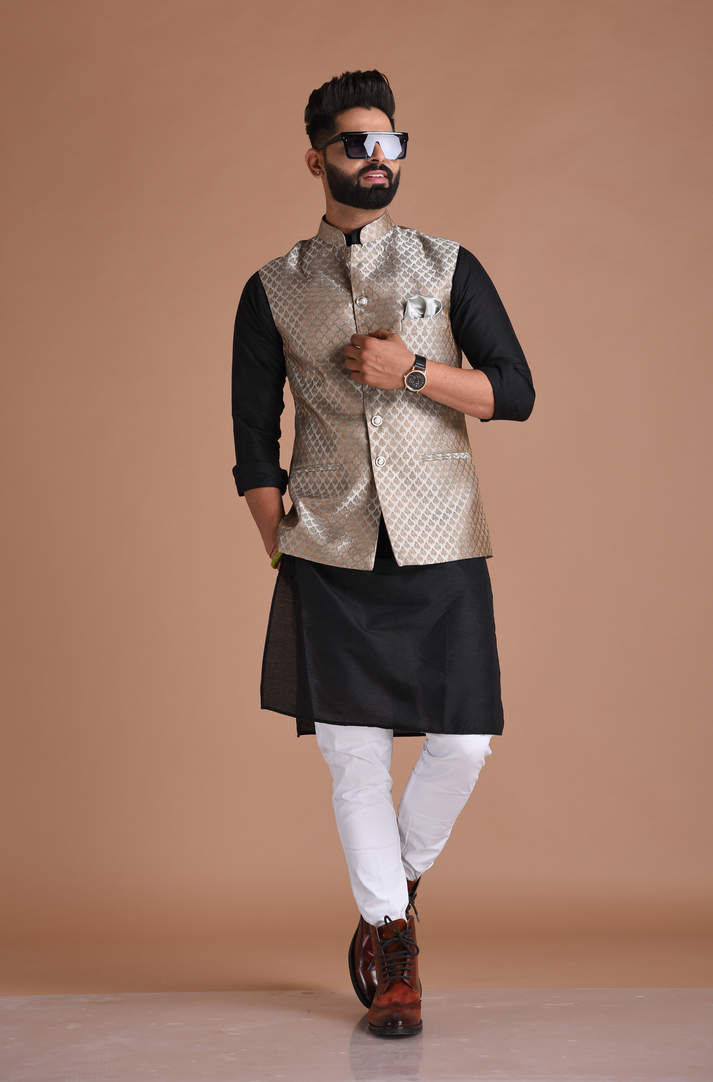 Booti Pattern Brocade Silk Half Jodhpuri Jacket With Kurta Pajama