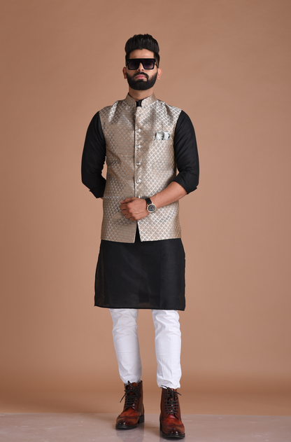 Booti Pattern Brocade Silk Half Jodhpuri Jacket With Kurta Pajama