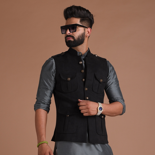 Black Suede Leather Semi Hunting Jacket