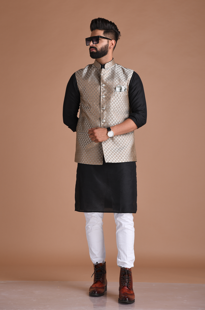 Booti Pattern Brocade Silk Half Jodhpuri Jacket With Kurta Pajama