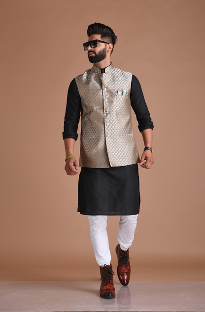 Booti Pattern Brocade Silk Half Jodhpuri Jacket With Kurta Pajama