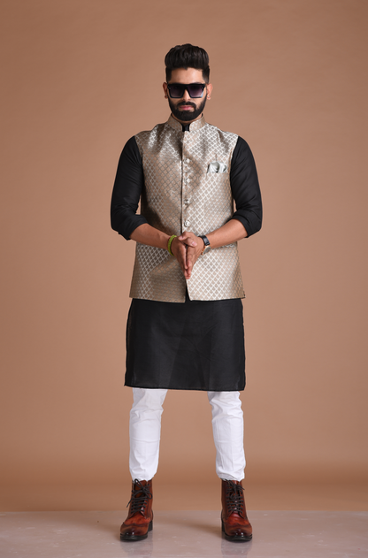 Booti Pattern Brocade Silk Half Jodhpuri Jacket With Kurta Pajama