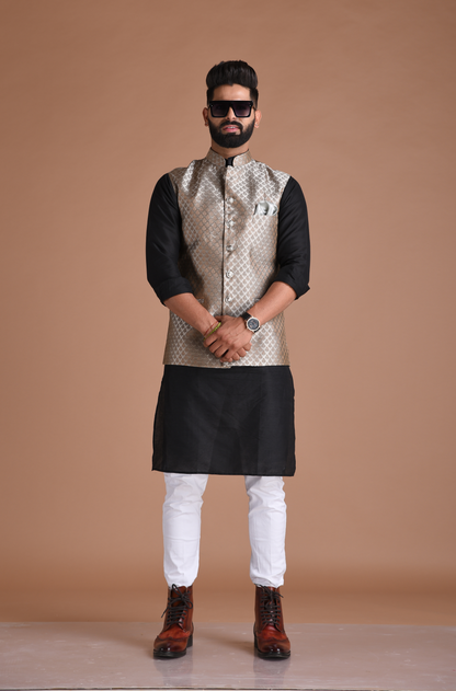 Booti Pattern Brocade Silk Half Jodhpuri Jacket With Kurta Pajama