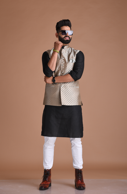 Booti Pattern Brocade Silk Half Jodhpuri Jacket With Kurta Pajama