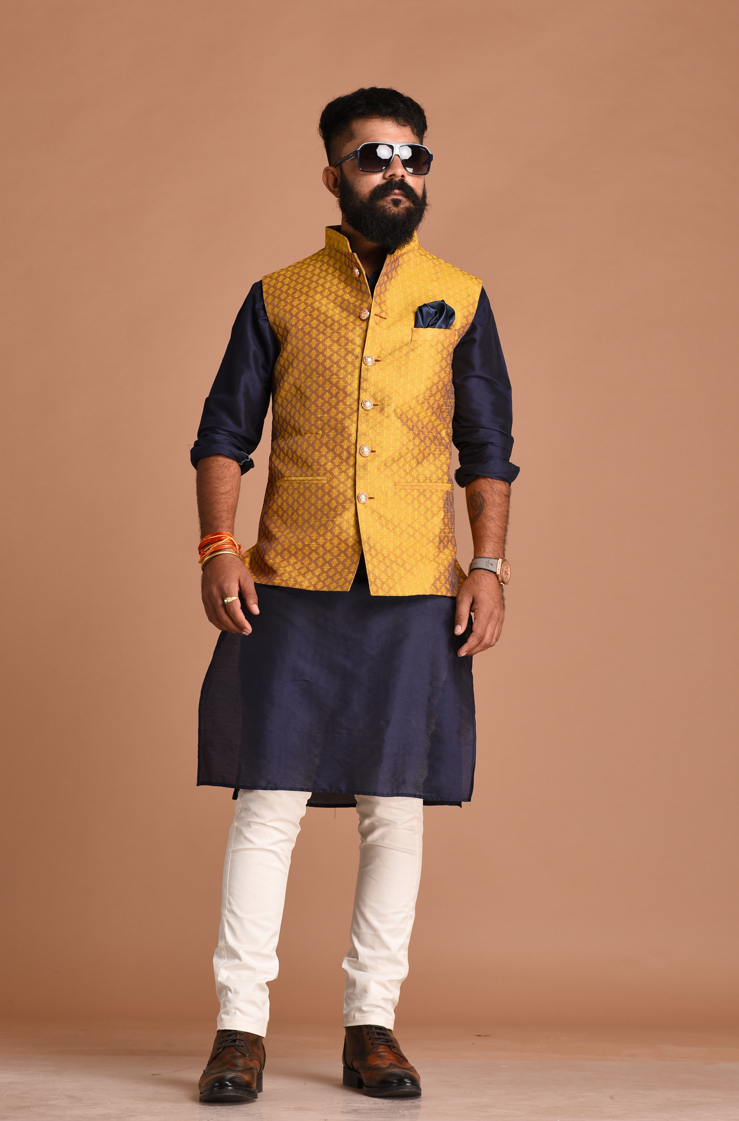 Booti Pattern Golden Brocade Silk Nehru Jacket With Kurta Pajama