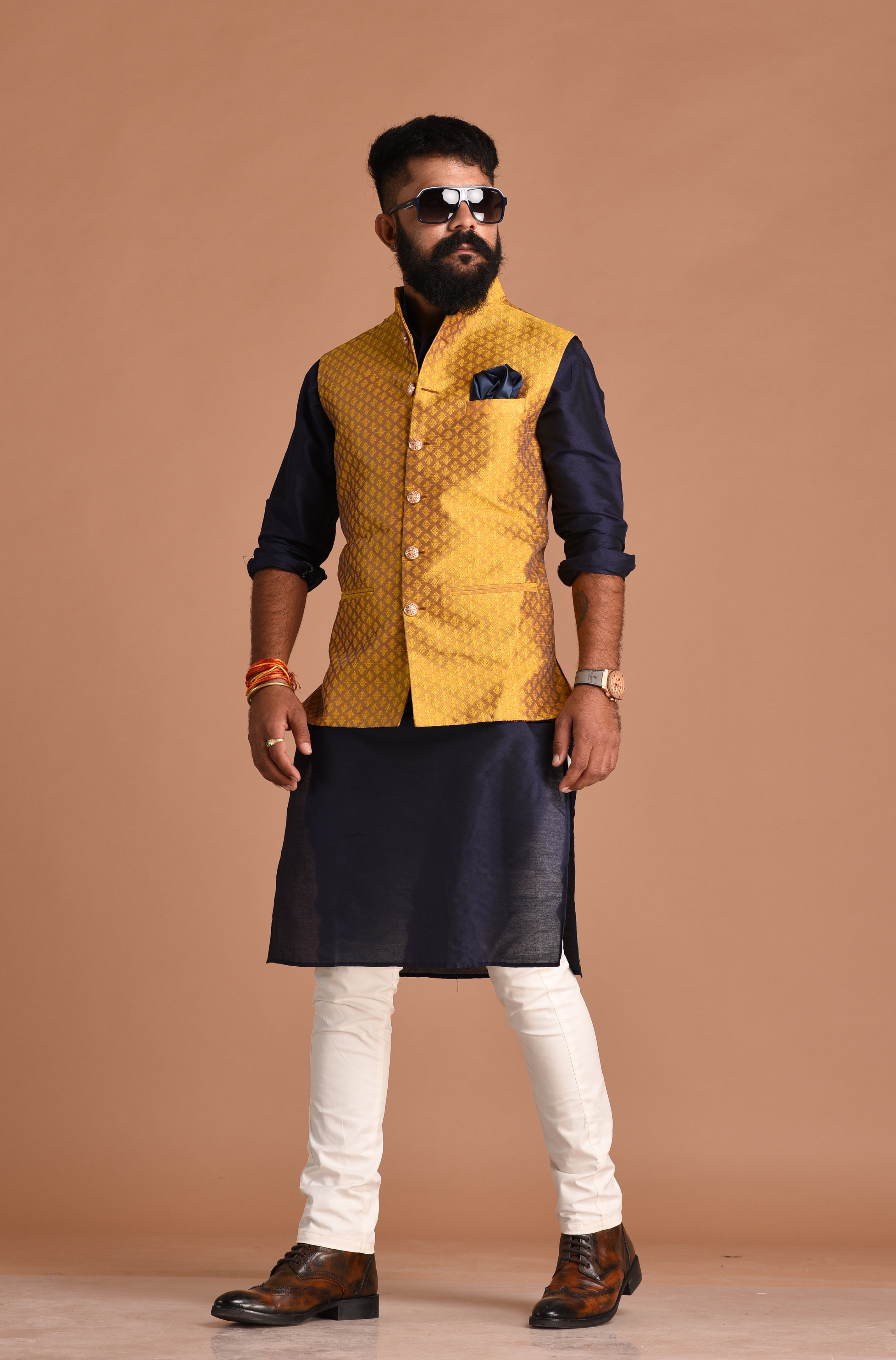 Golden Jacquard Woven Asymmetric Nehru Jacket Latest 517MW06