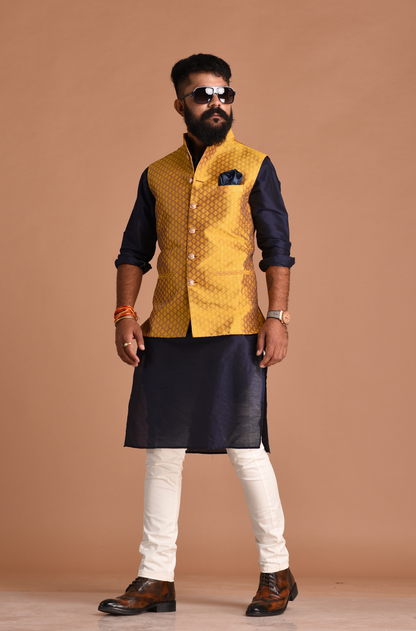 Booti Pattern Golden Brocade Silk Nehru Jacket With Kurta Pajama