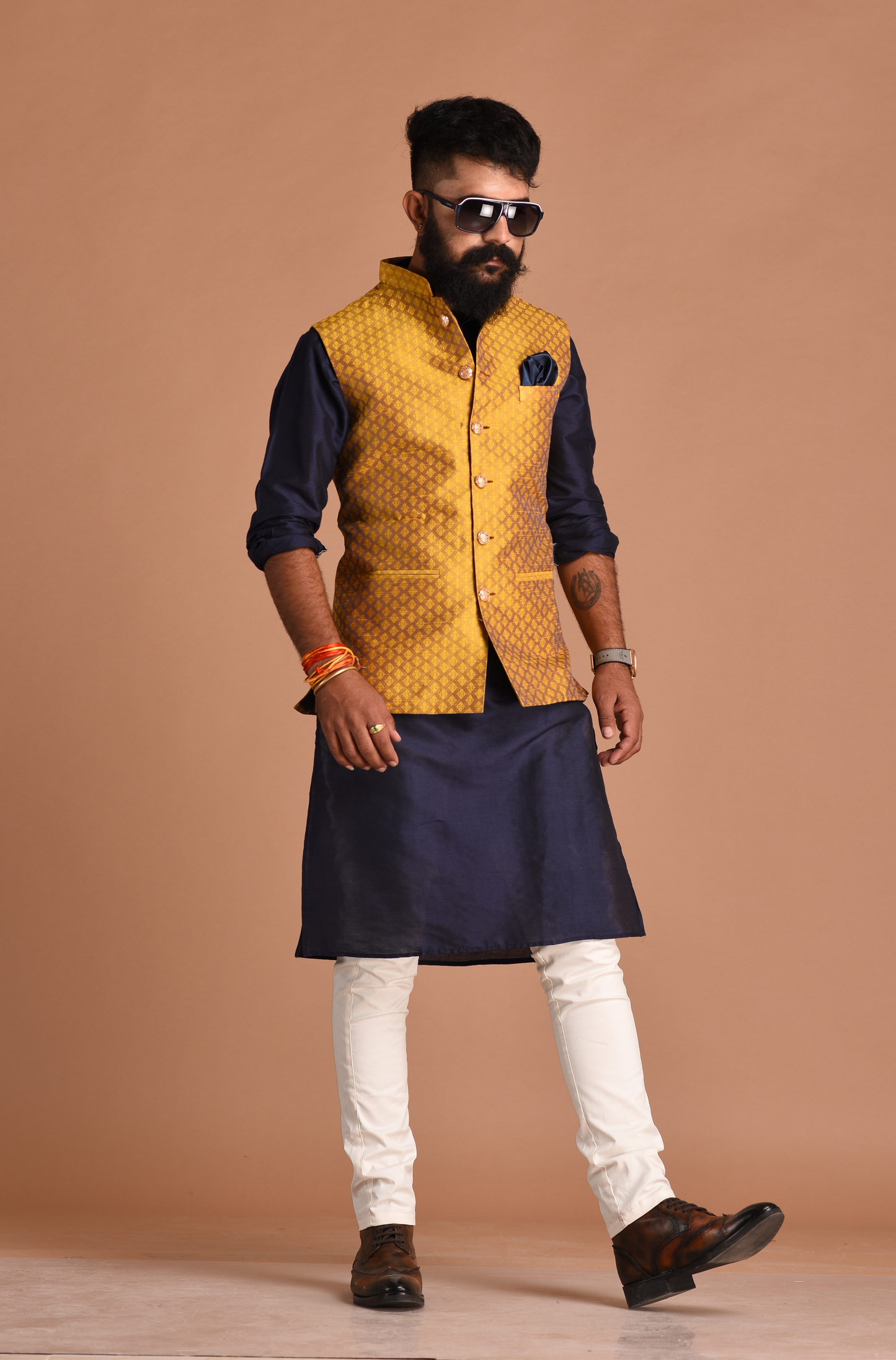 Booti Pattern Golden Brocade Silk Nehru Jacket With Kurta Pajama
