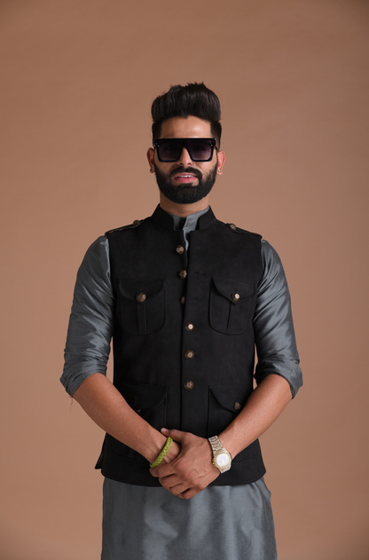 Black Suede Leather Semi Hunting Jacket