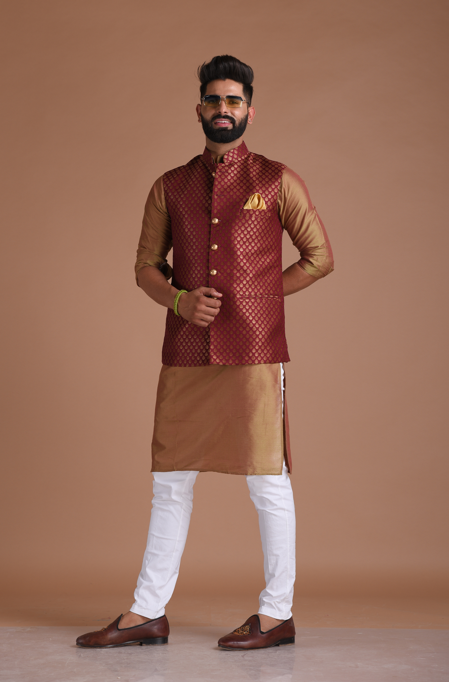 Booti Pattern Maroon Designer Brocade Nehru Jacket