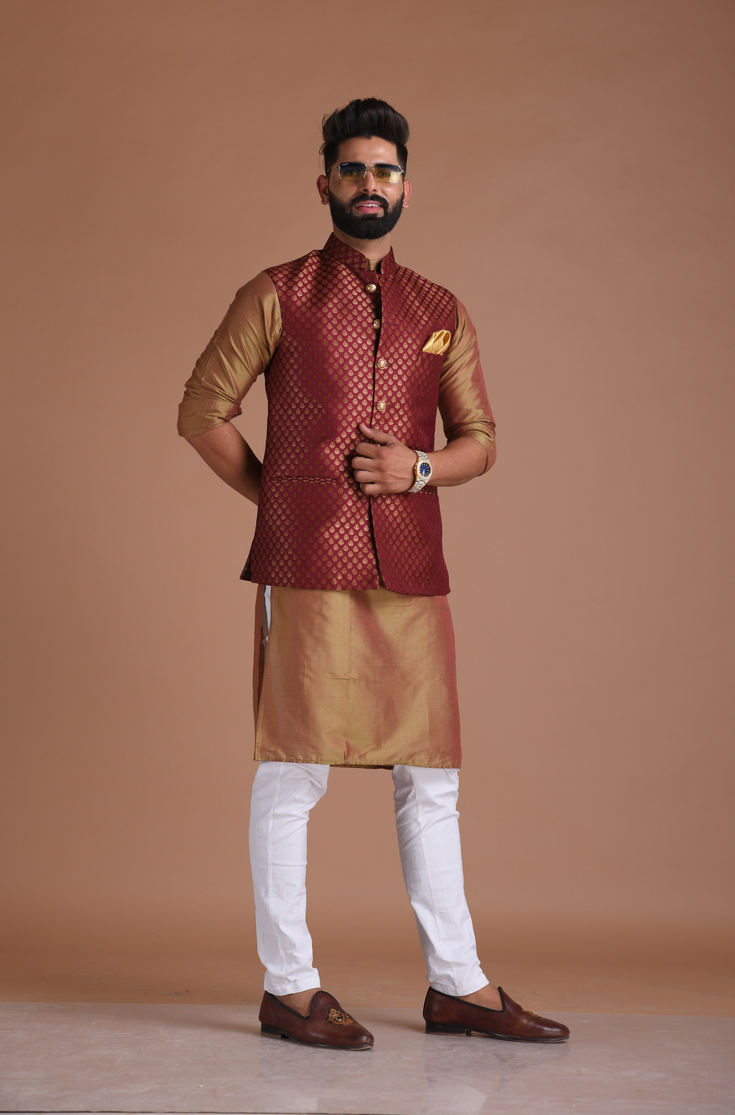Booti Pattern Wine Color Designer Brocade Nehru Jacket With Kurta Pajama