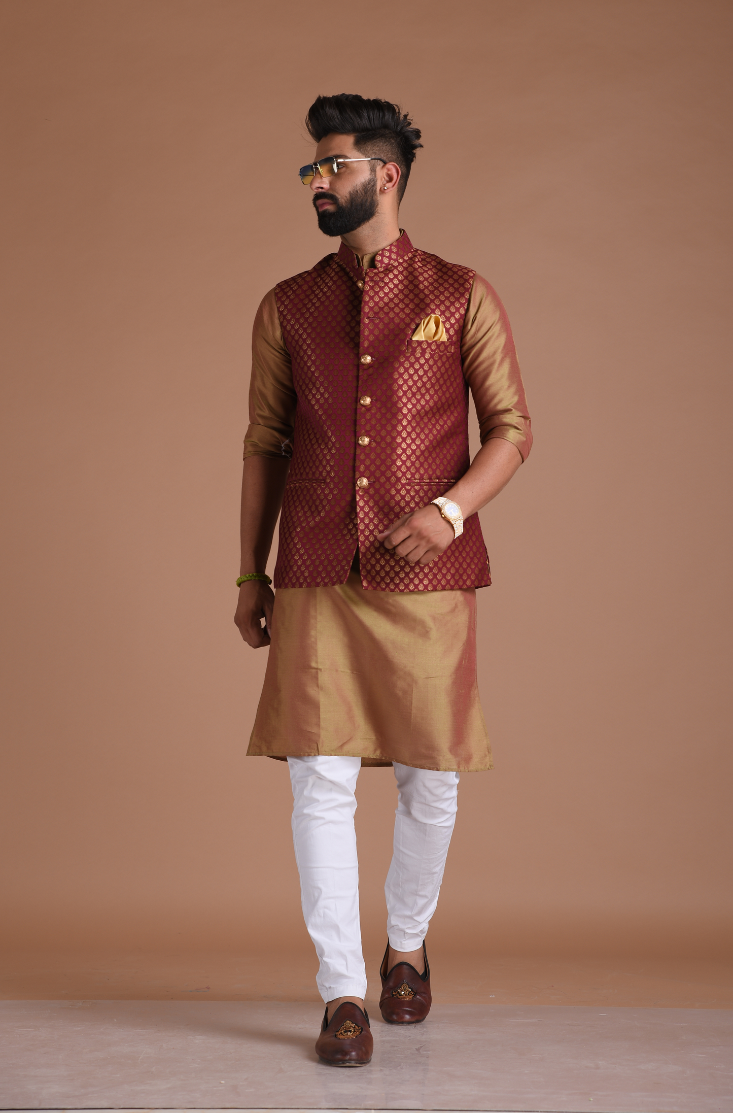 Booti Pattern Maroon Designer Brocade Nehru Jacket