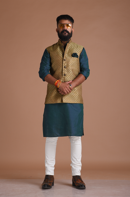 Brocade Dark Brown Nehru Jacket with Kurta Pajama