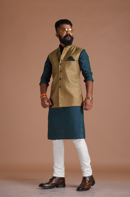 Brocade Dark Brown Nehru Jacket with Kurta Pajama