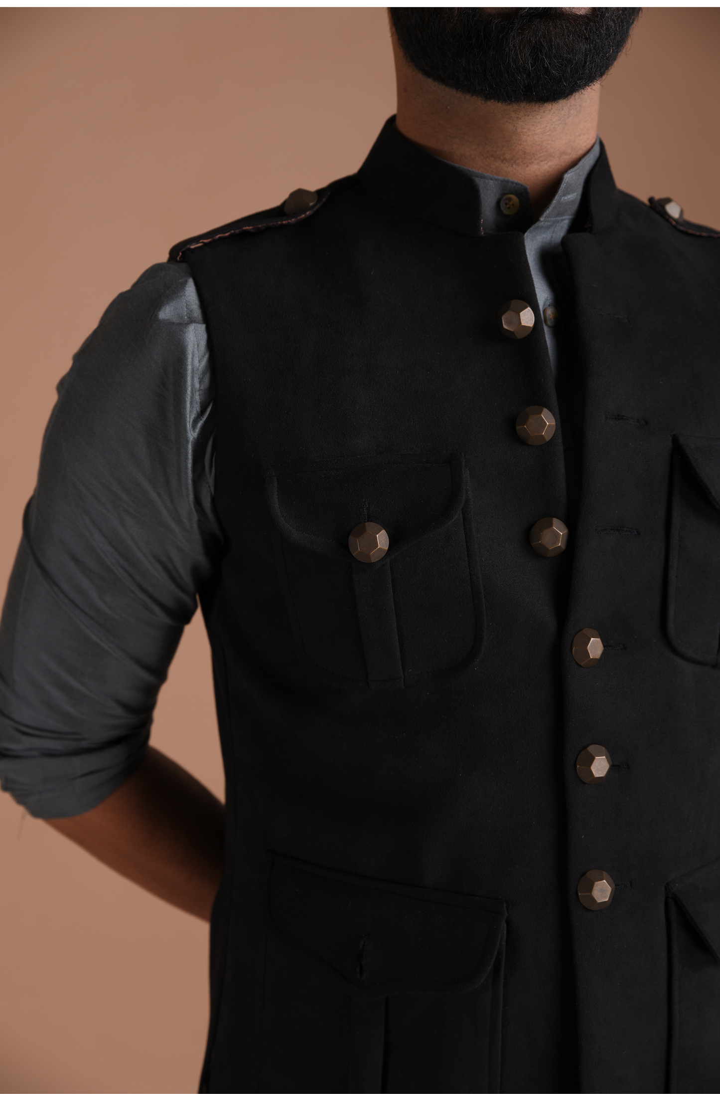 Black Faux Suede Leather Half Hunting Style Jacket with Kurta Pajama Set