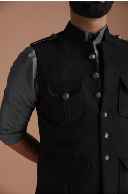 Black Suede Leather Semi Hunting Jacket