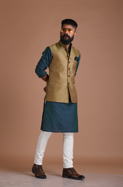 Brocade Dark Brown Nehru Jacket with Kurta Pajama