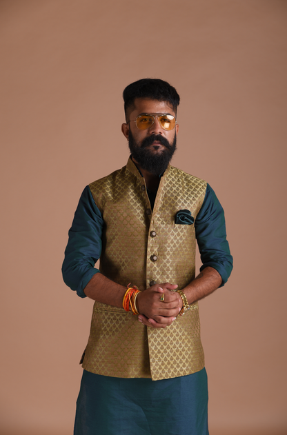 Brocade Dark Brown Nehru Jacket with Kurta Pajama