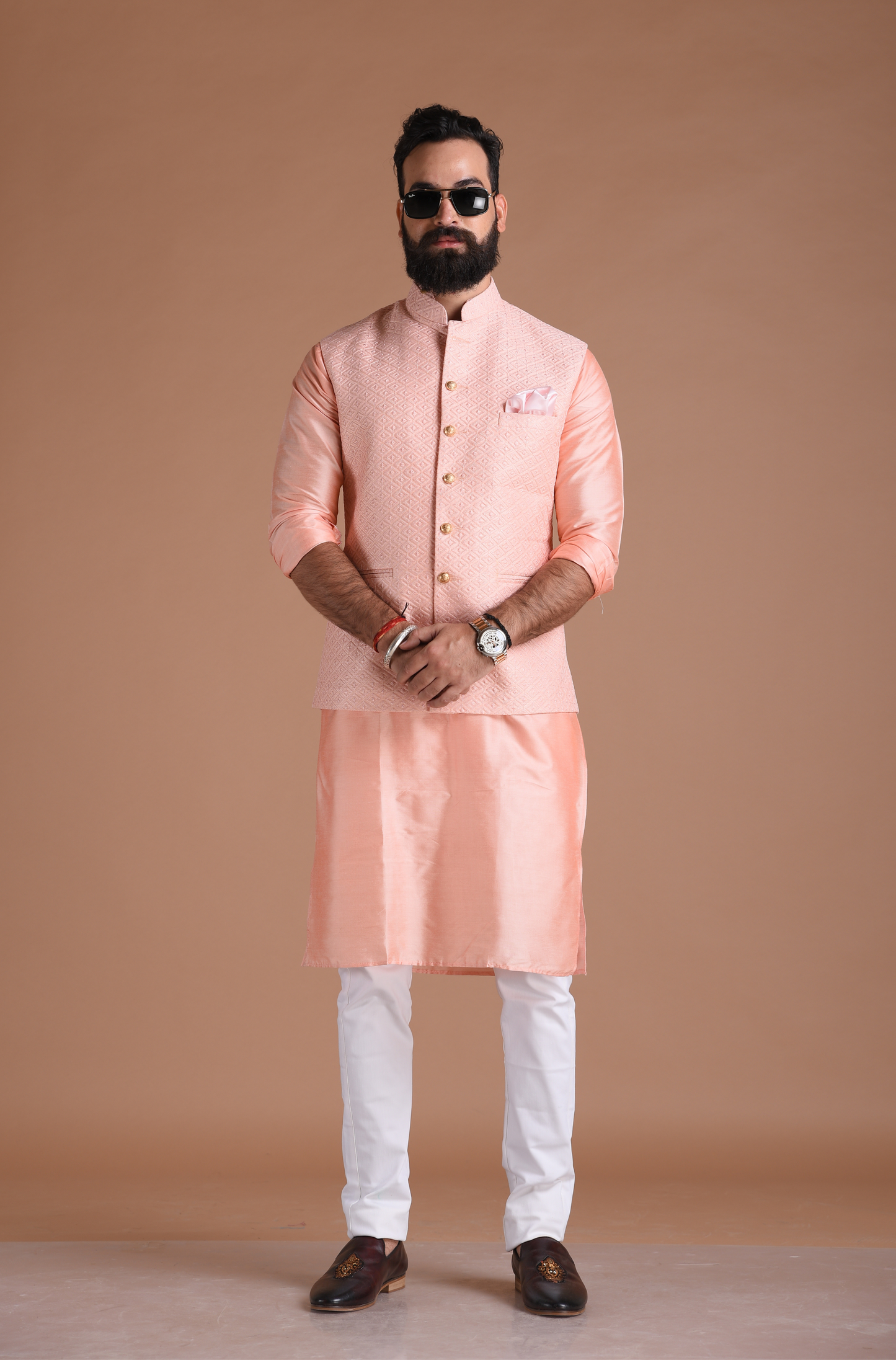 Brocade Pink Color Designer Half Jodhpuri Jacket With Kurta Pajama Set