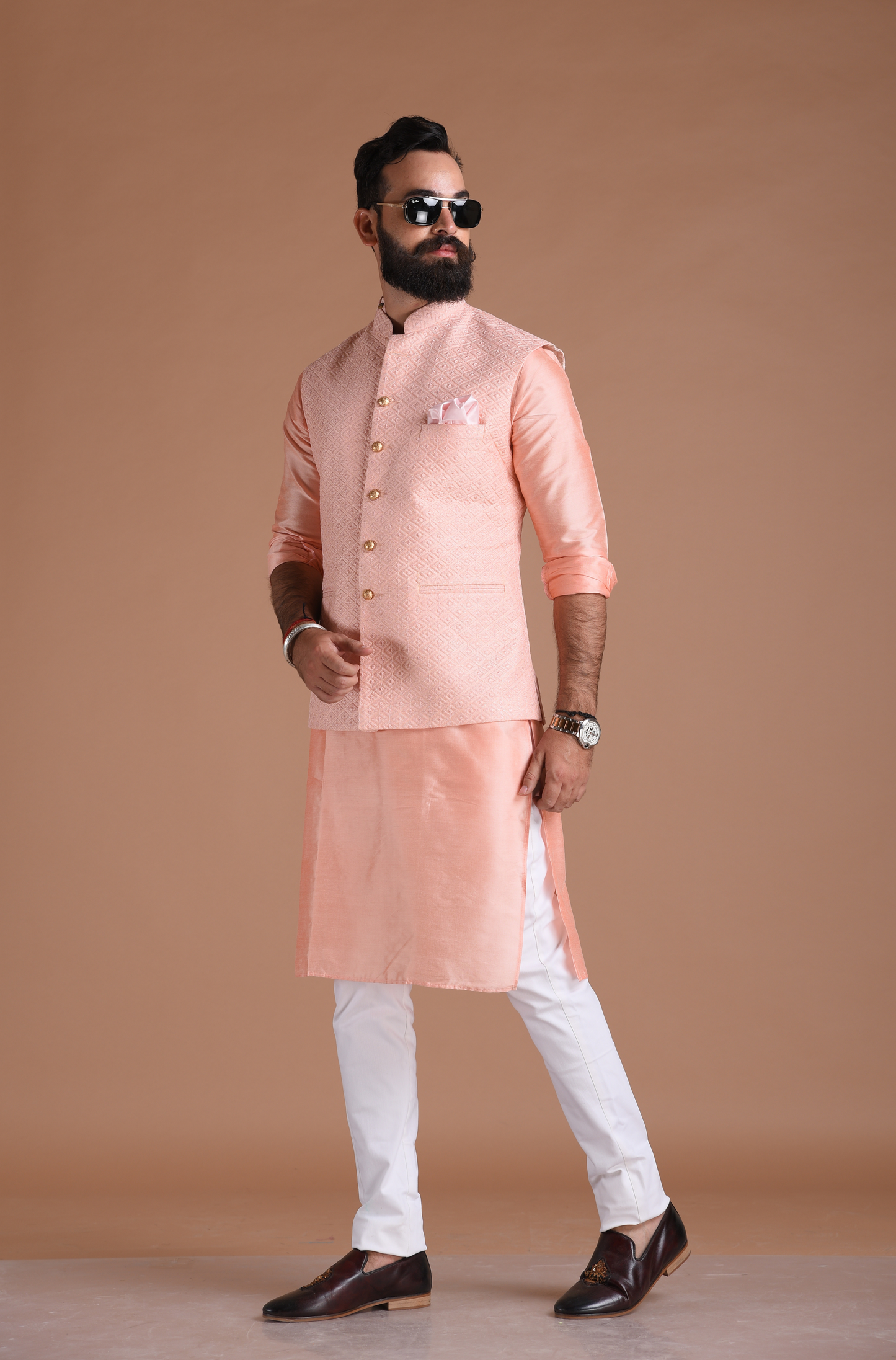 Brocade Pink Color Designer Half Jodhpuri Jacket With Kurta Pajama Set