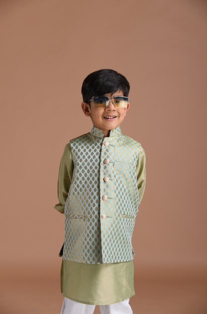 Brocade Silk Kurta Pajama Nehru Jacket Set in Sea Green