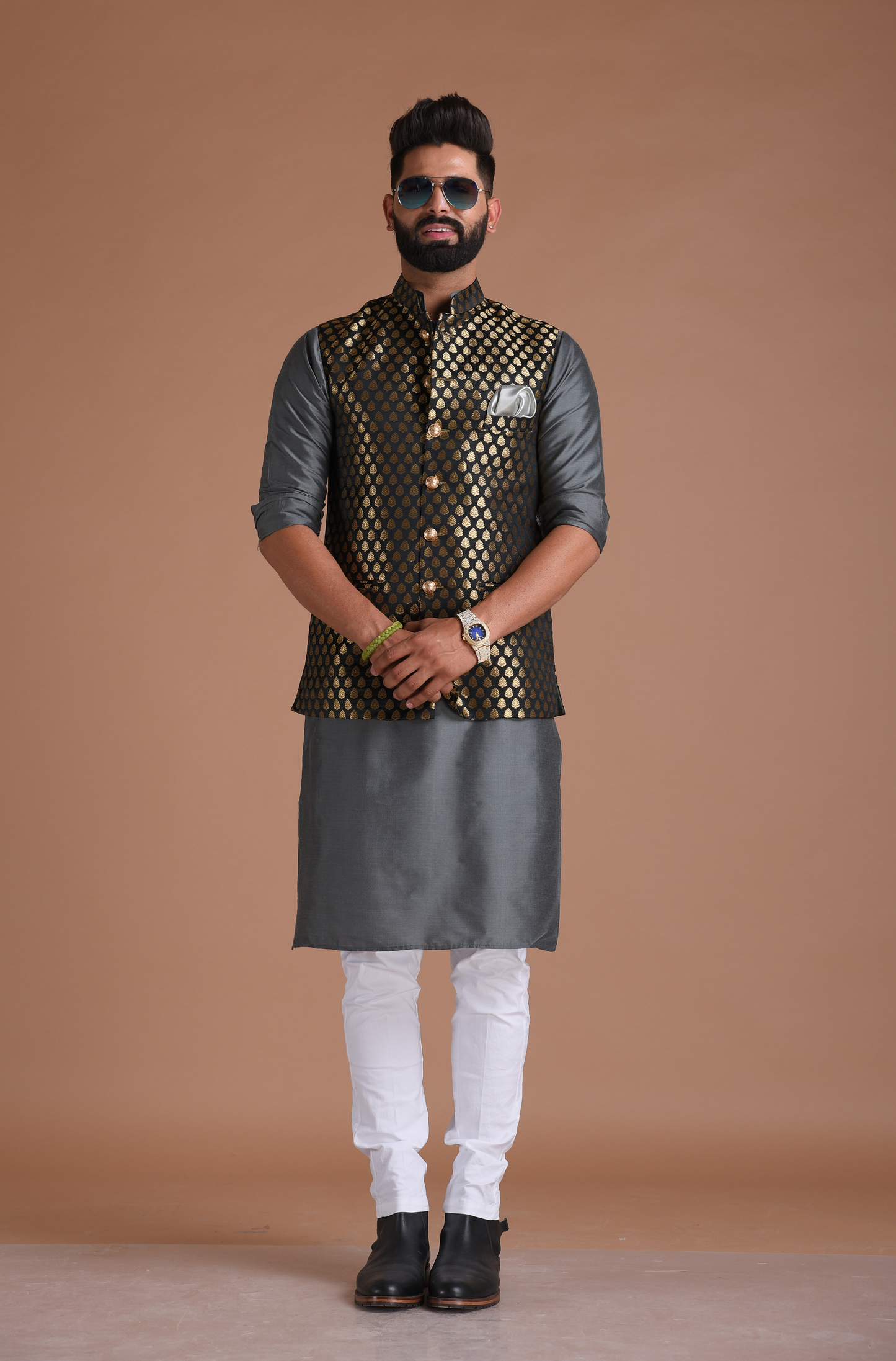 Booti Pattern Black color Royal Half Jodhpuri Jacket With Kurta Pajama Set