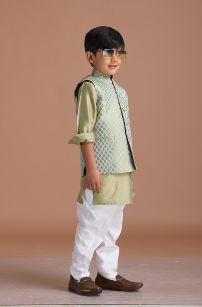 Brocade Silk Kurta Pajama Nehru Jacket Set in Sea Green