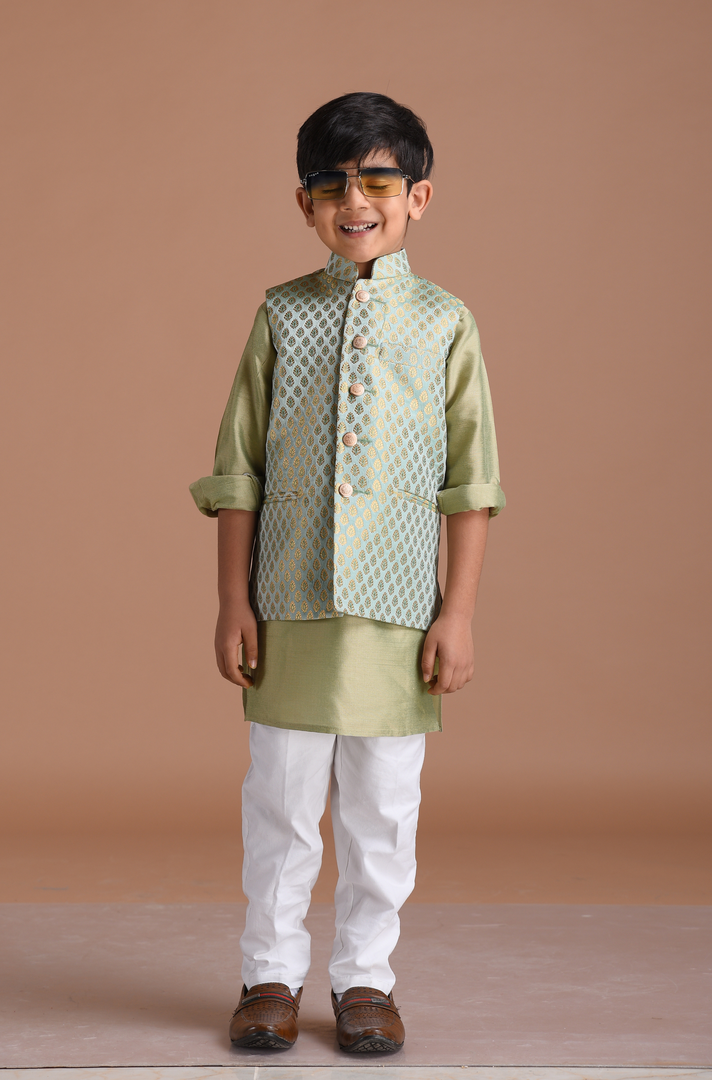 Brocade Silk Kurta Pajama Nehru Jacket Set in Sea Green Color