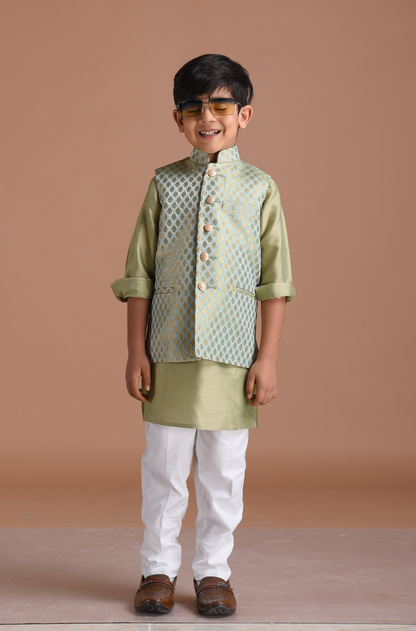 Brocade Silk Kurta Pajama Nehru Jacket Set in Sea Green