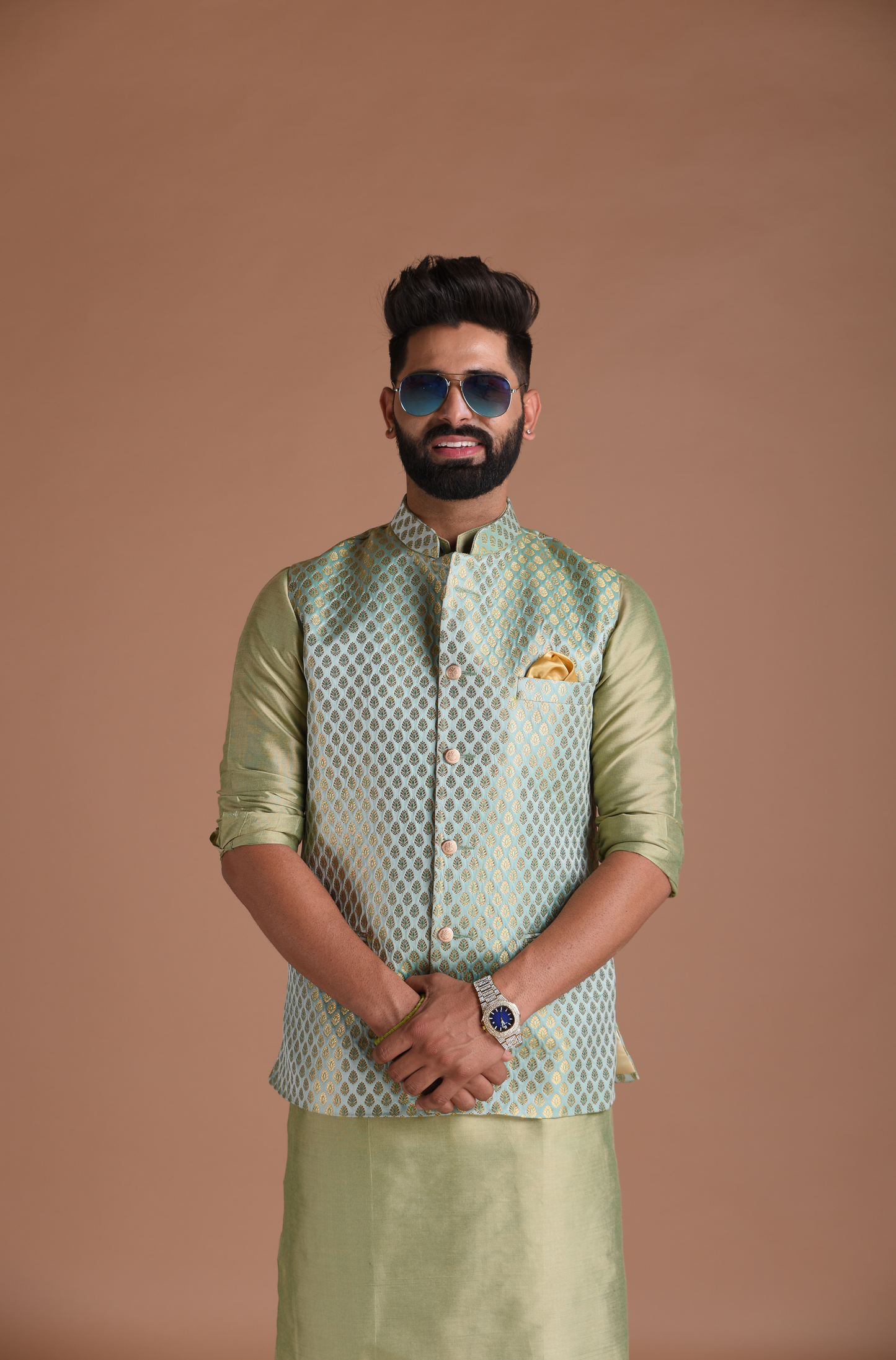 Brocade Silk Kurta Pajama Nehru Jacket Set in Sea Green Color