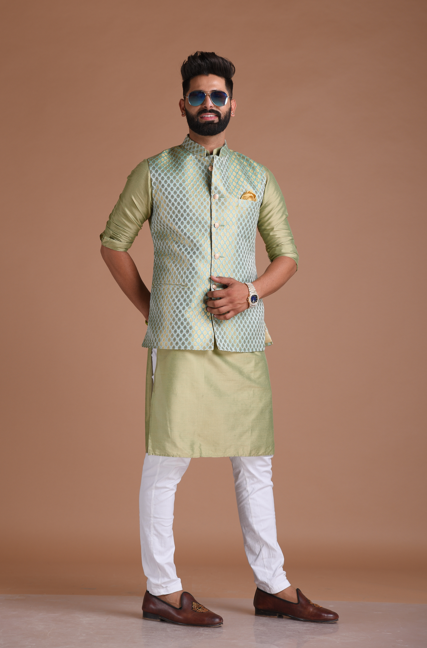 Brocade Silk Kurta Pajama Nehru Jacket Set in Sea Green