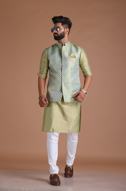 Brocade Silk Kurta Pajama Nehru Jacket Set in Sea Green