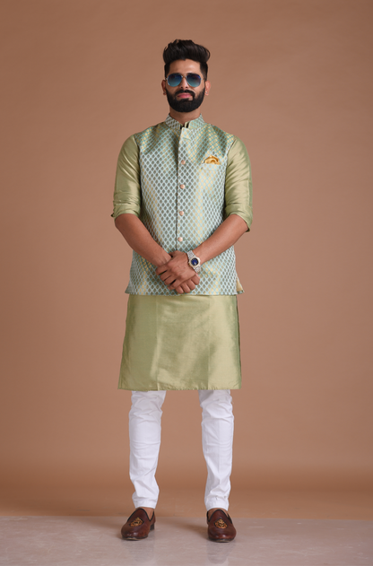 Brocade Silk Kurta Pajama Nehru Jacket Set in Sea Green