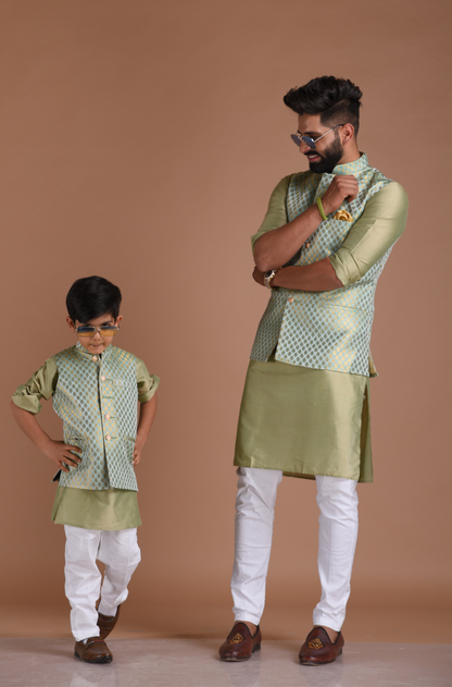 Brocade Silk Kurta Pajama Nehru Jacket Set in Sea Green