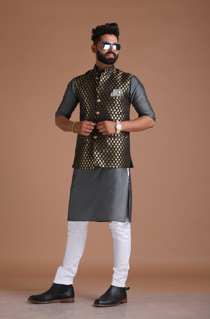 Booti Pattern Black color Royal Half Jodhpuri Jacket With Kurta Pajama Set