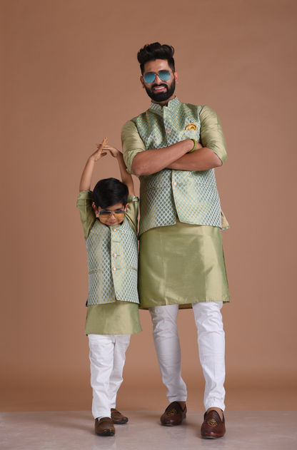 Brocade Silk Kurta Pajama Nehru Jacket Set in Sea Green